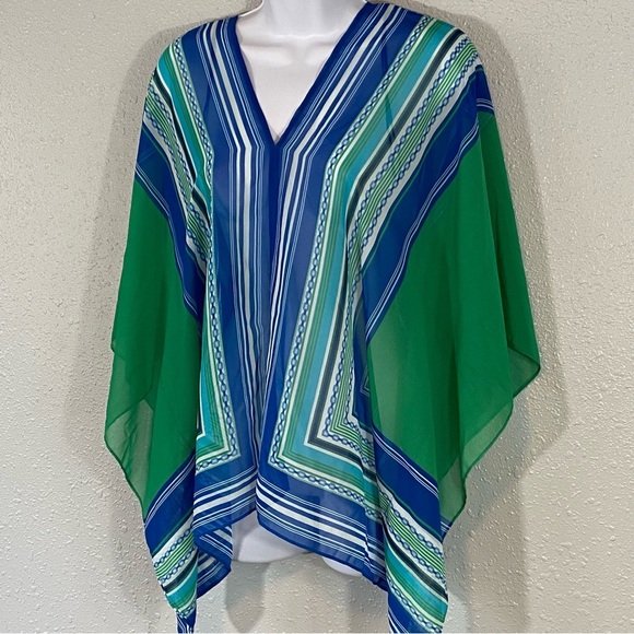 Ann Taylor Blue & Green Striped Poncho Caftan Top - Picture 2 of 7